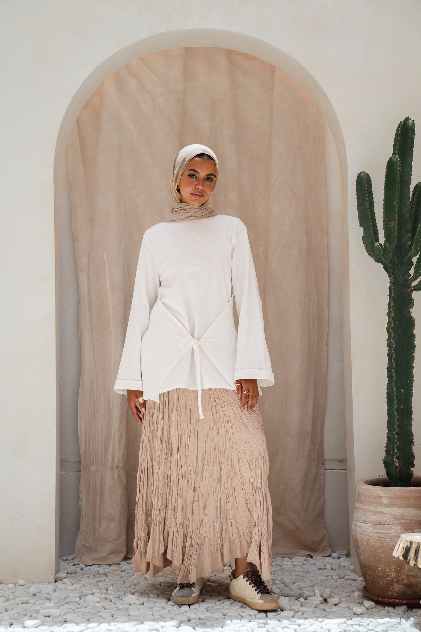 Dove Crushed Asymmetrical Skirt in Beige