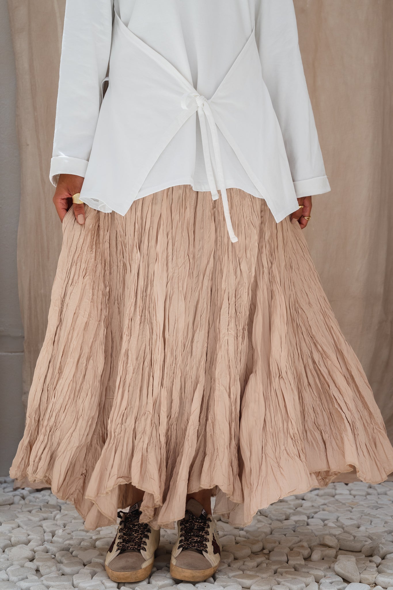 Dove Crushed Asymmetrical Skirt in Beige