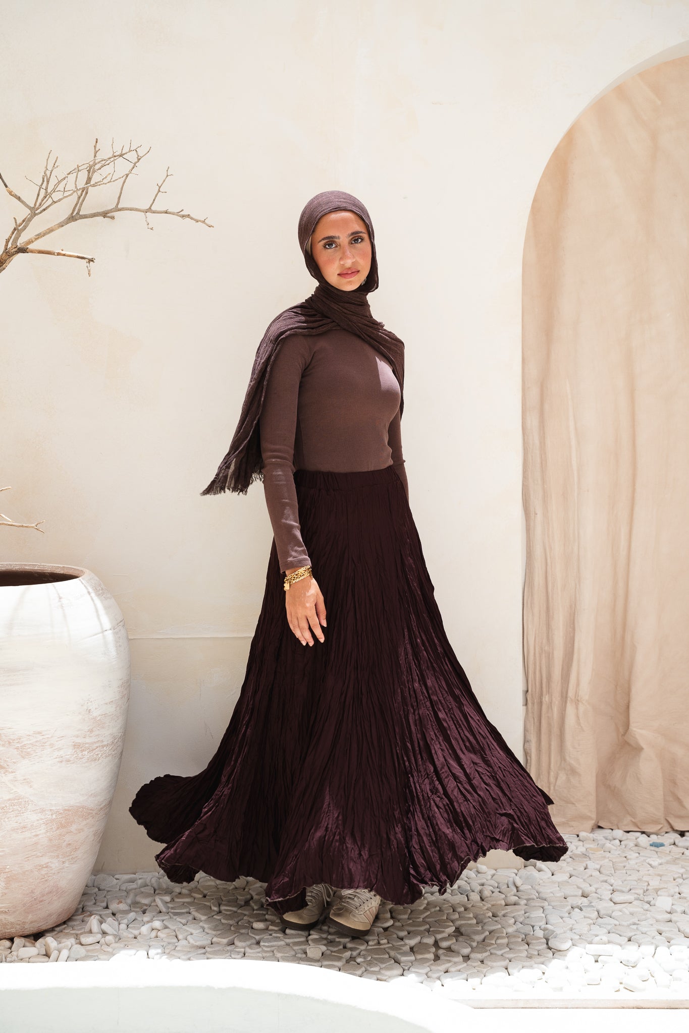 Dove Crushed Asymmetrical Skirt in Brown