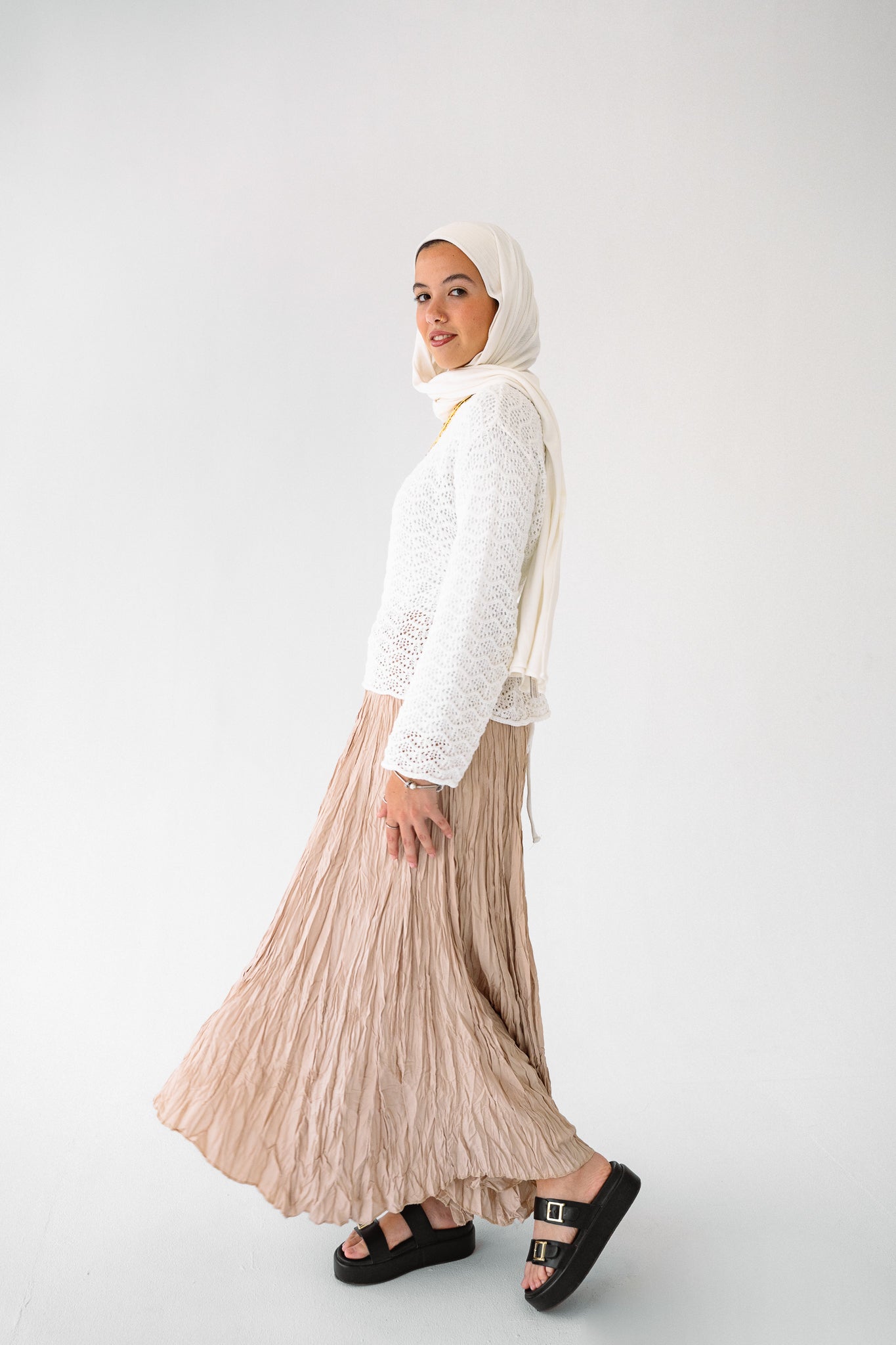 Dove Crushed Asymmetrical Skirt in Beige