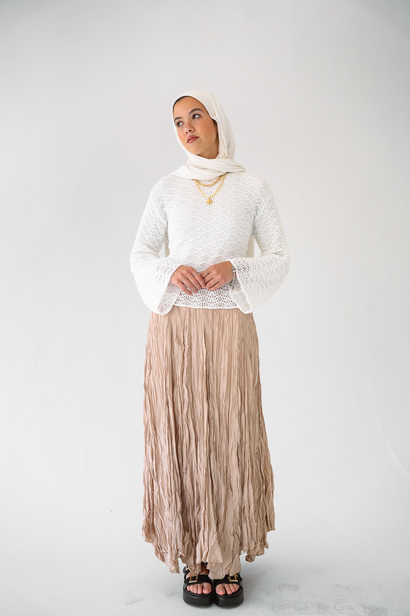 Dove Crushed Asymmetrical Skirt in Beige